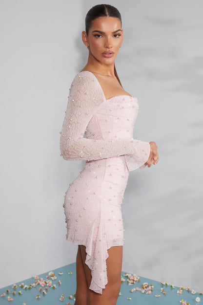 Long Sleeve Embellished Cowl Neck Mini Dress