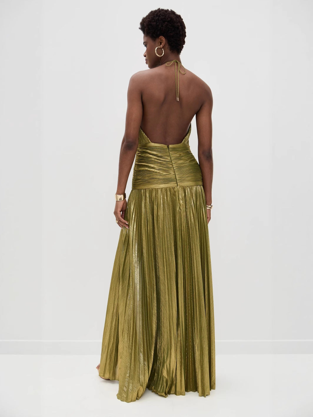 Pleated Split Tie Halter Dress