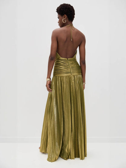 Pleated Split Tie Halter Dress