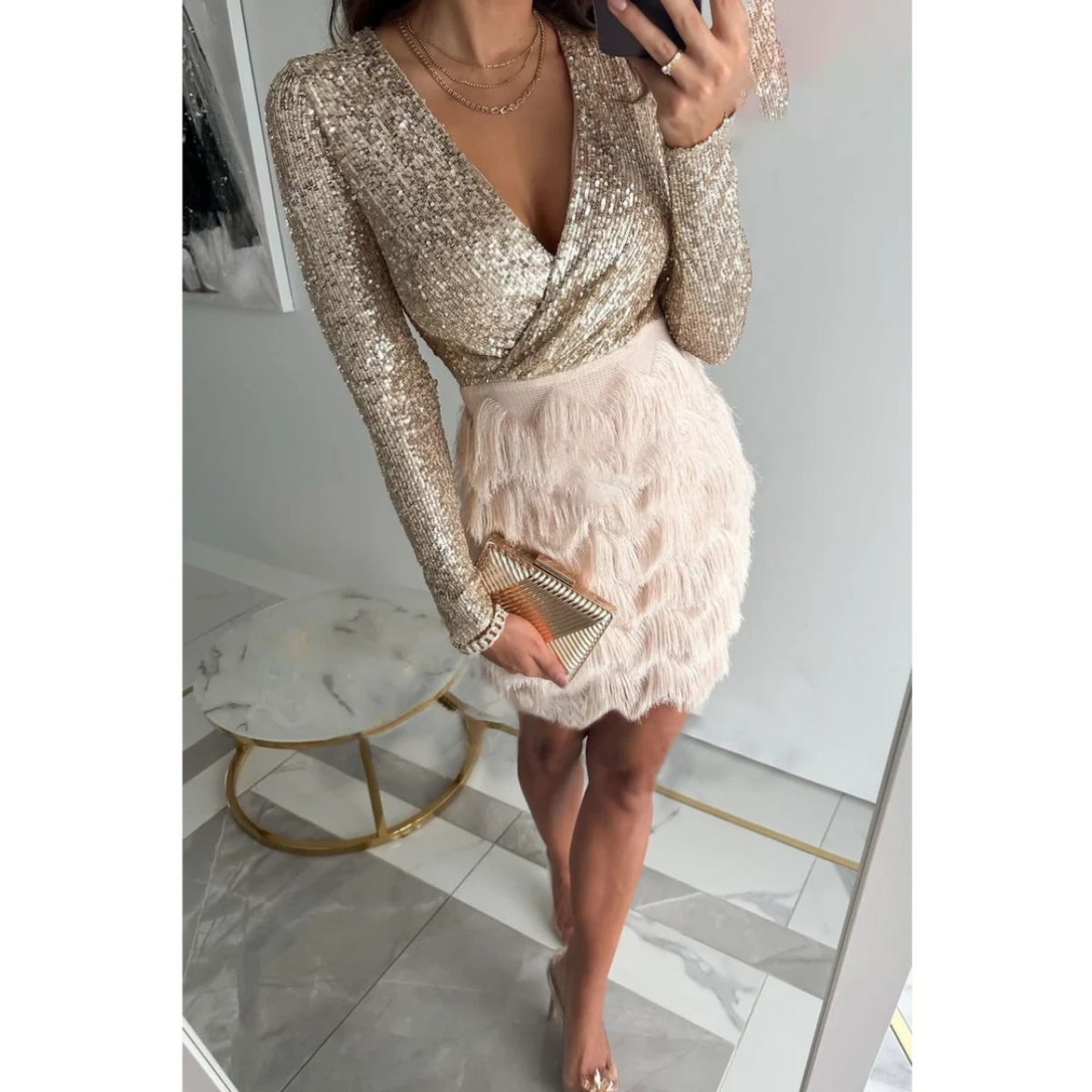 Long Sleeve Sequin Short Dress