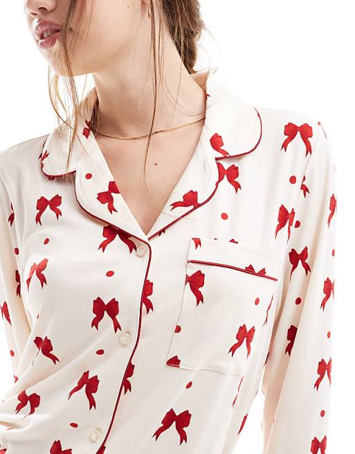 Exclusive poly red bow print PJs in cream