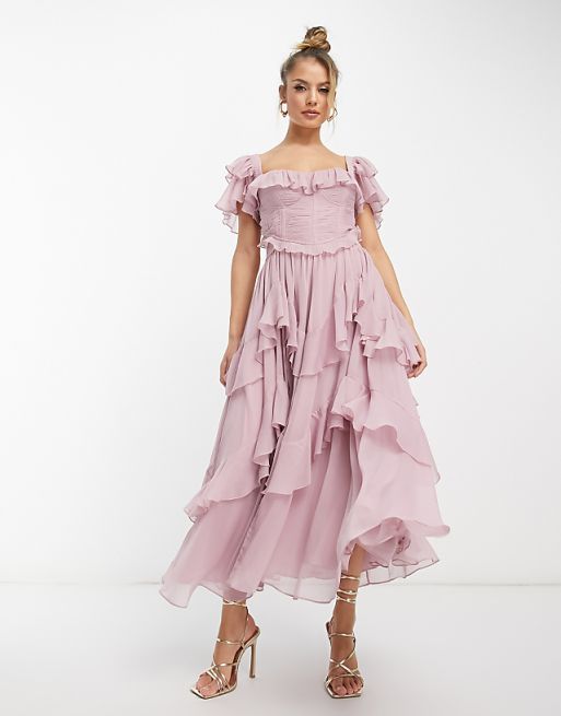 Flutter Sleeve Ruched Corset Detail Tiered Midi Dress