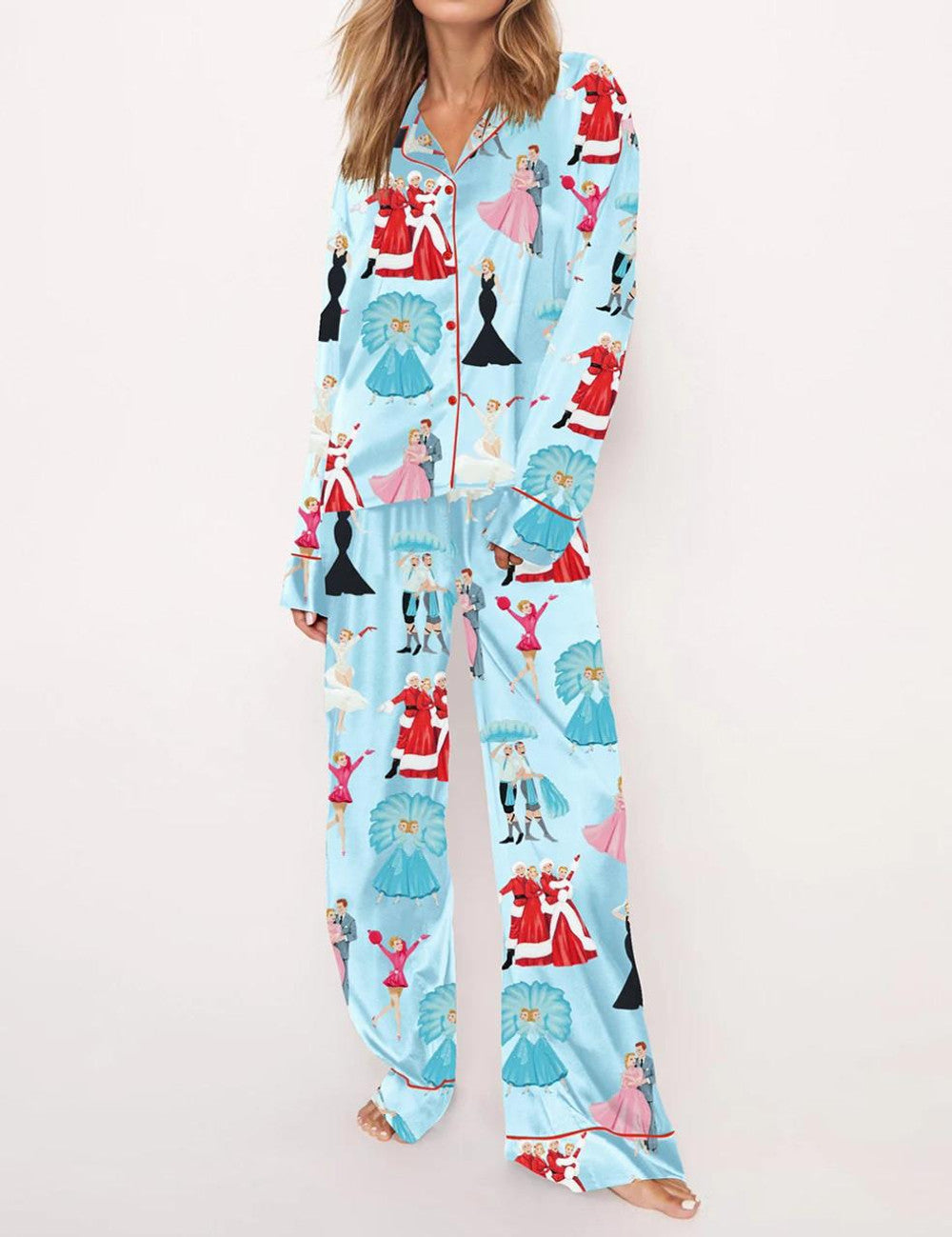 White Christmas Satin Pajama Set For Women