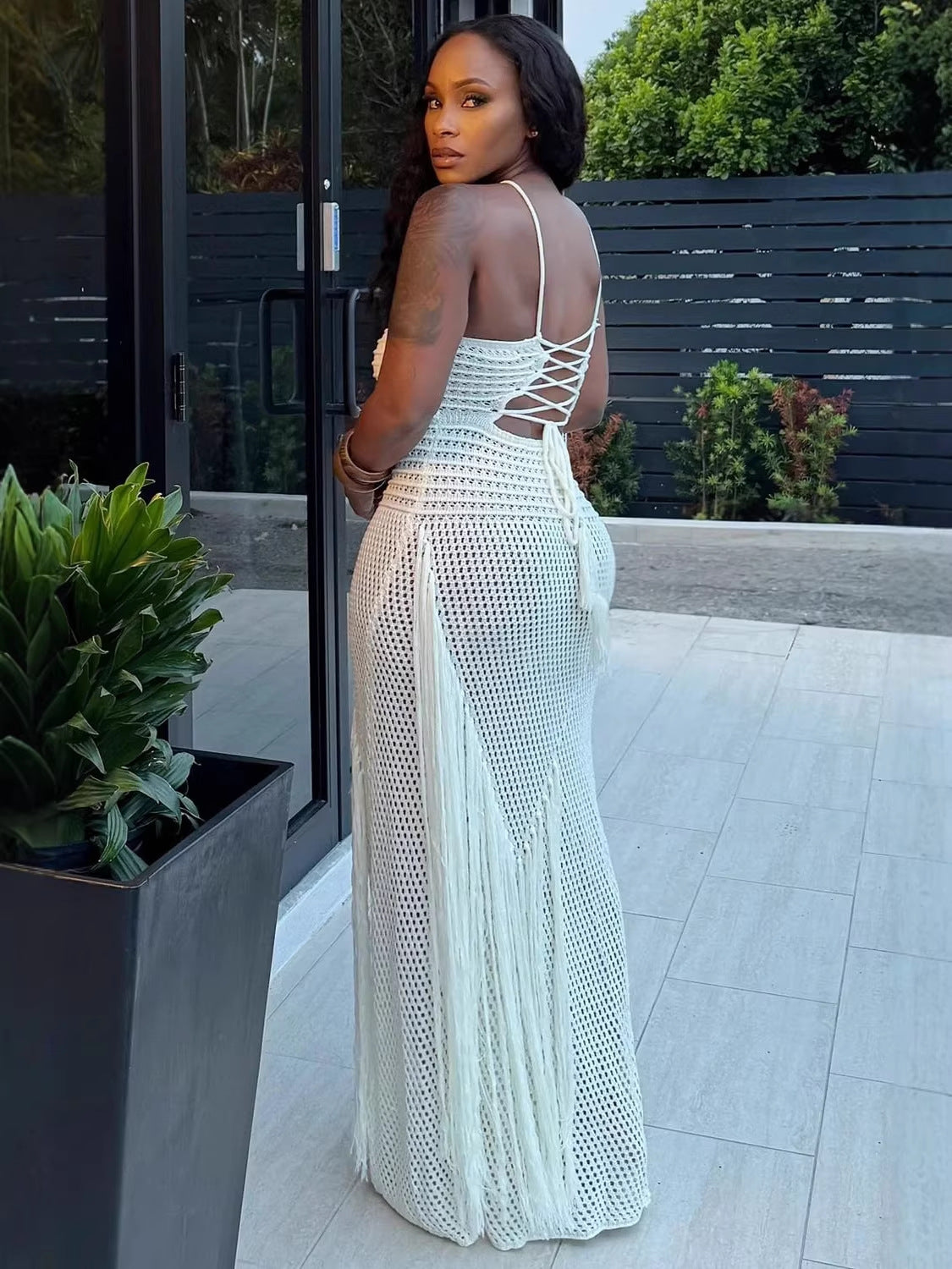 Crochet Cutout Fringe Halter Maxi Dress