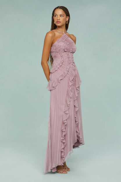 Ruffled Pleated Design Slimming Midi Dress