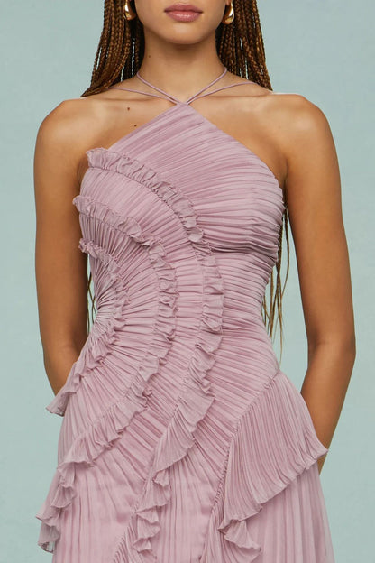 Ruffled Pleated Design Slimming Midi Dress