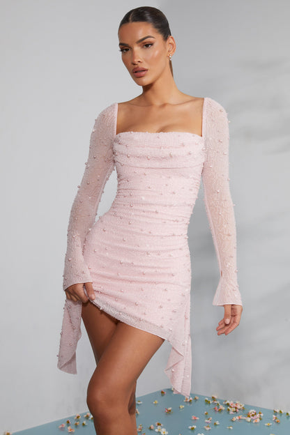 Long Sleeve Embellished Cowl Neck Mini Dress