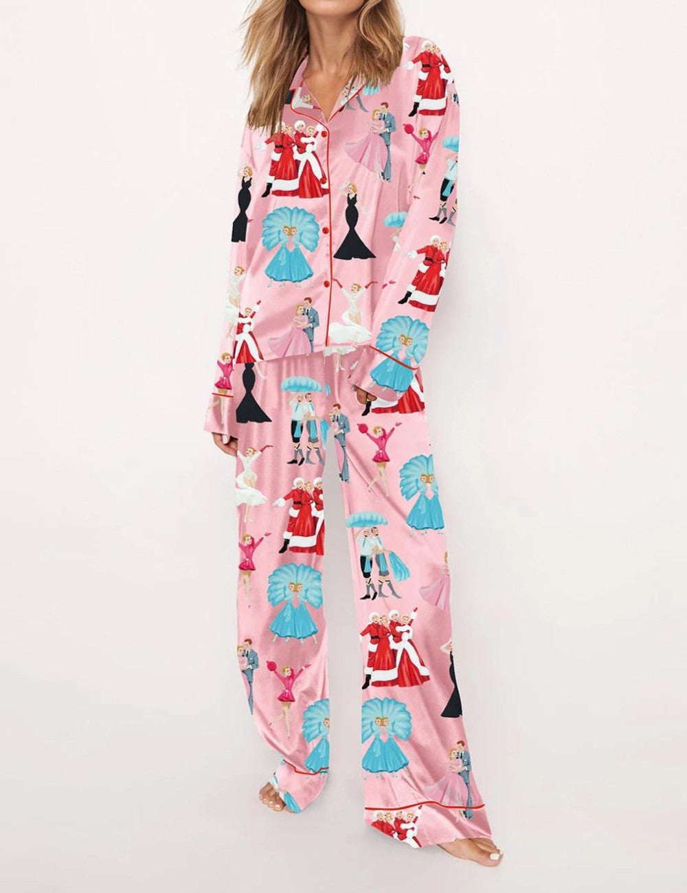White Christmas Satin Pajama Set For Women