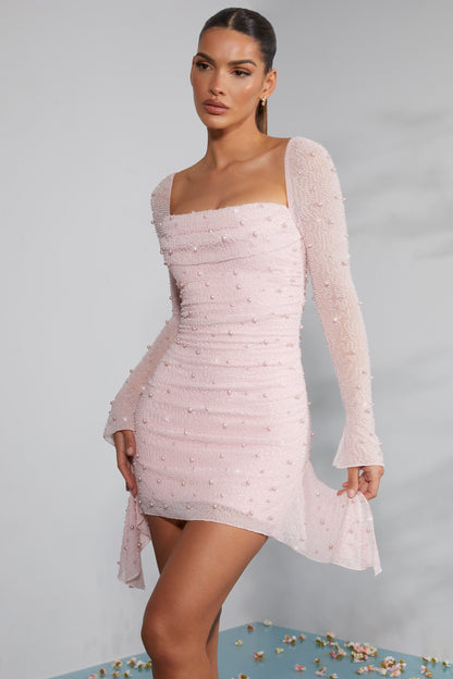 Long Sleeve Embellished Cowl Neck Mini Dress
