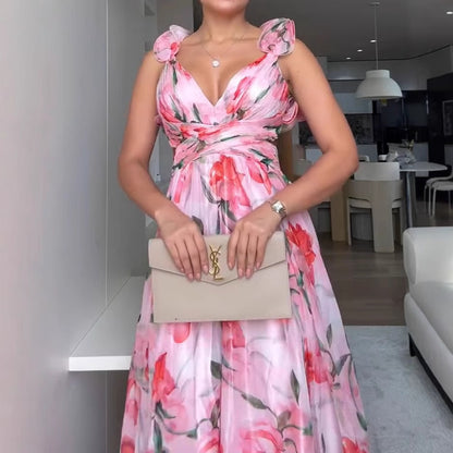 Vacation Style Sleeveless Slim Fit Waist-Cinching Printed Dress