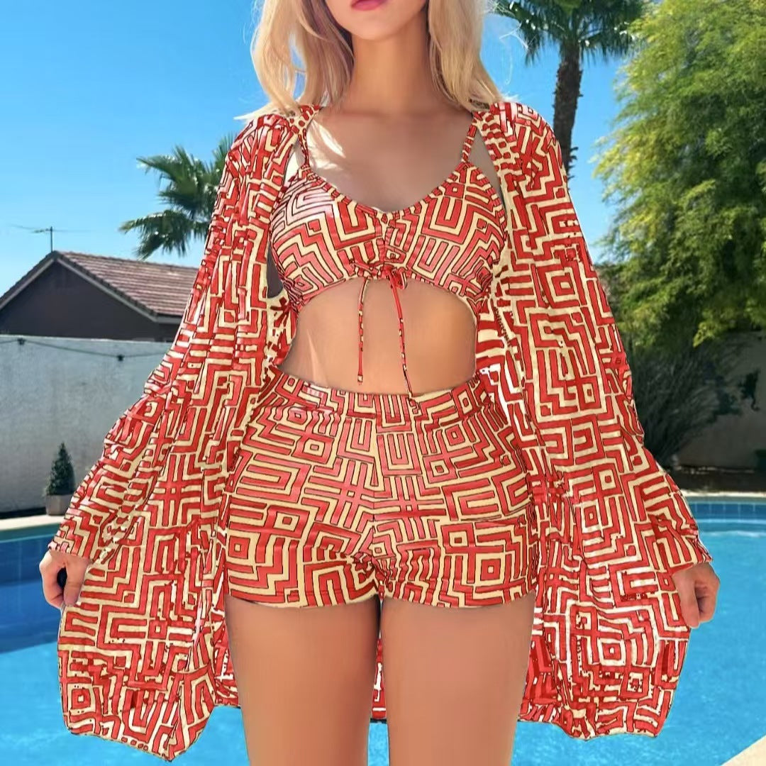 Plaid Printed Split Three-Piece Swimsuit