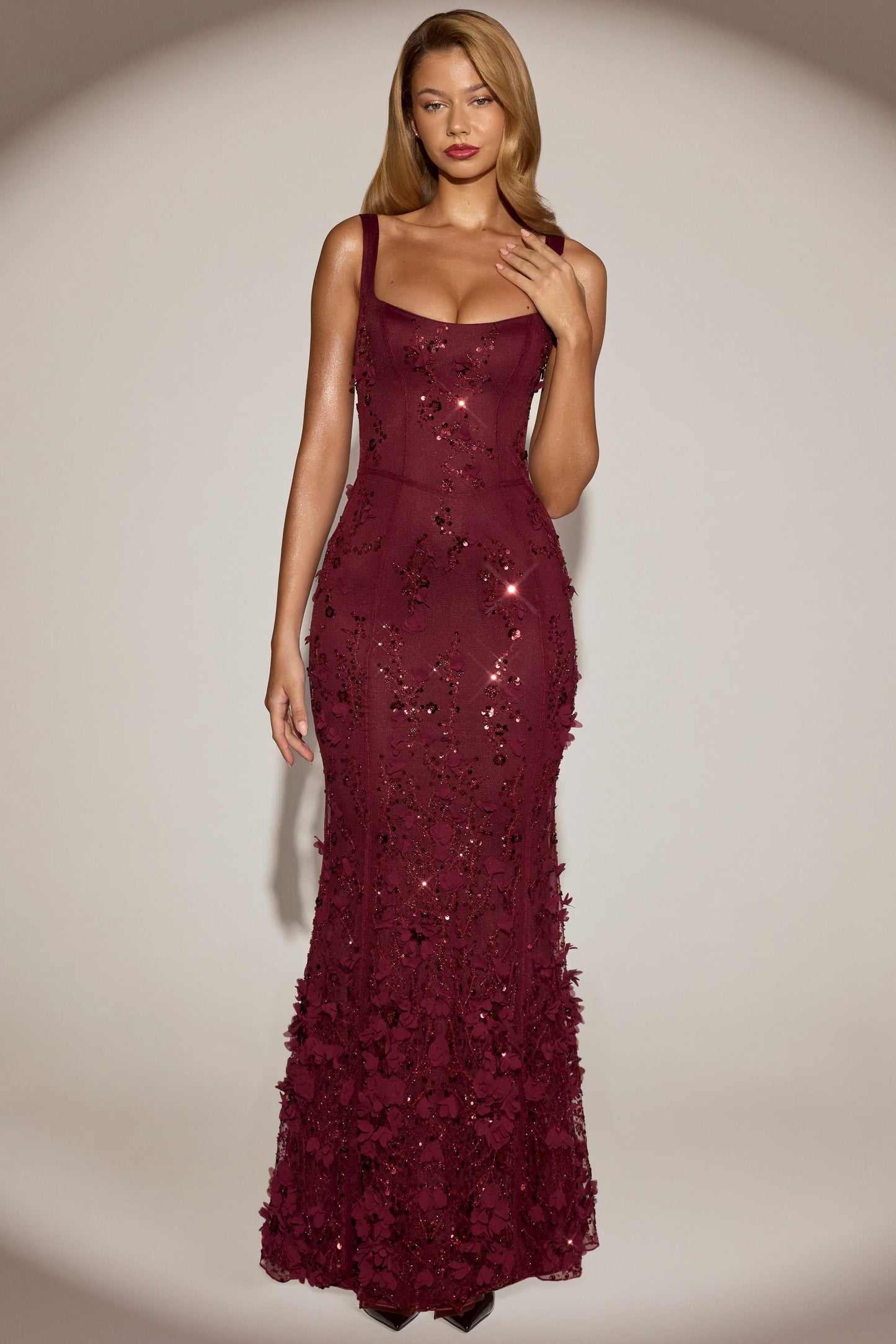 Embellished Fishtail Corset Gown in Wine Red