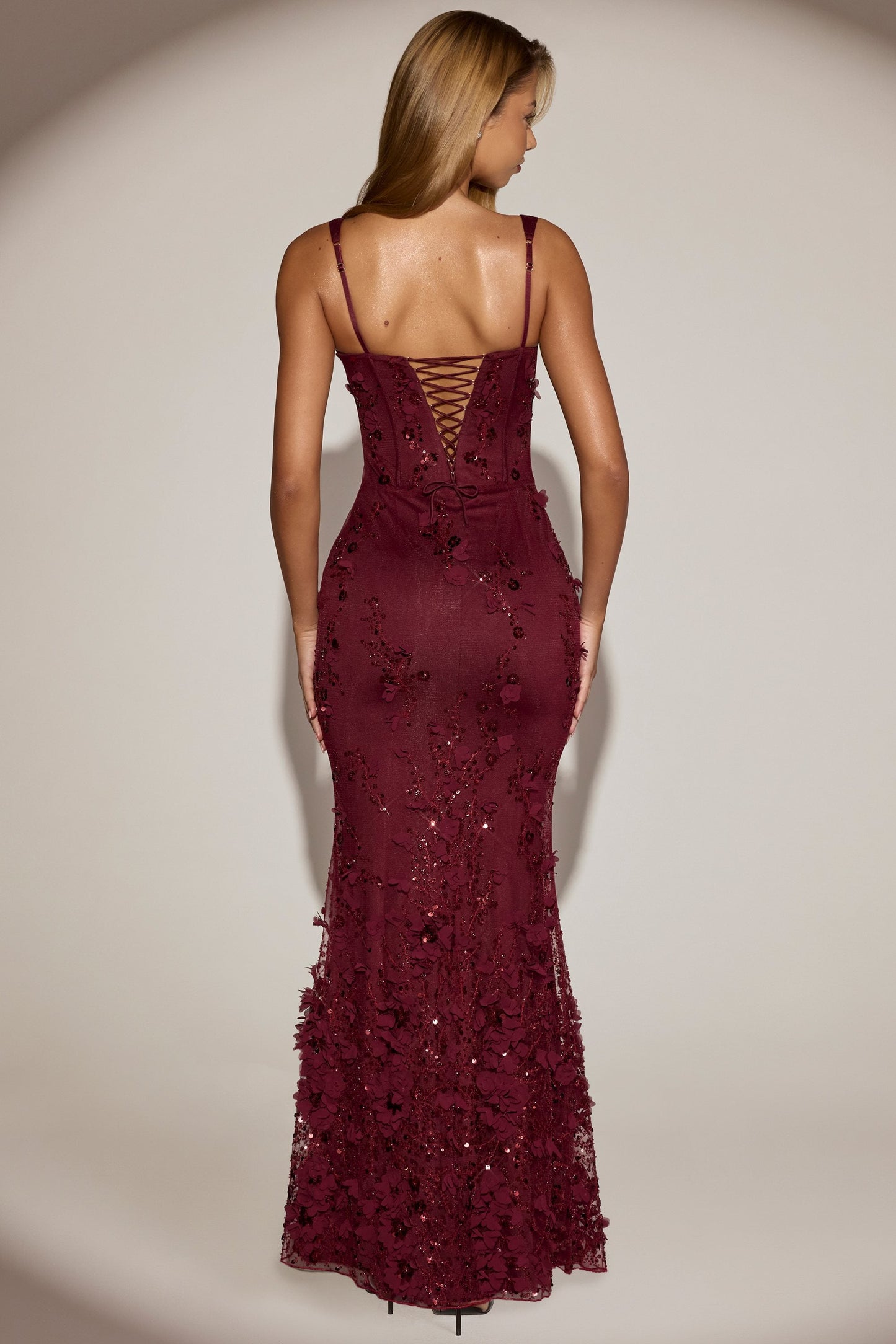 Embellished Fishtail Corset Gown in Wine Red
