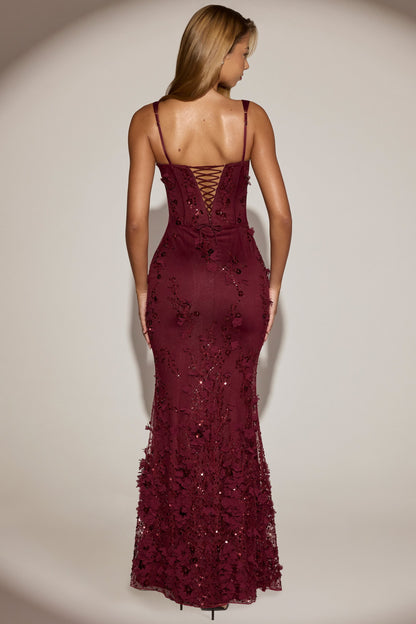 Embellished Fishtail Corset Gown in Wine Red