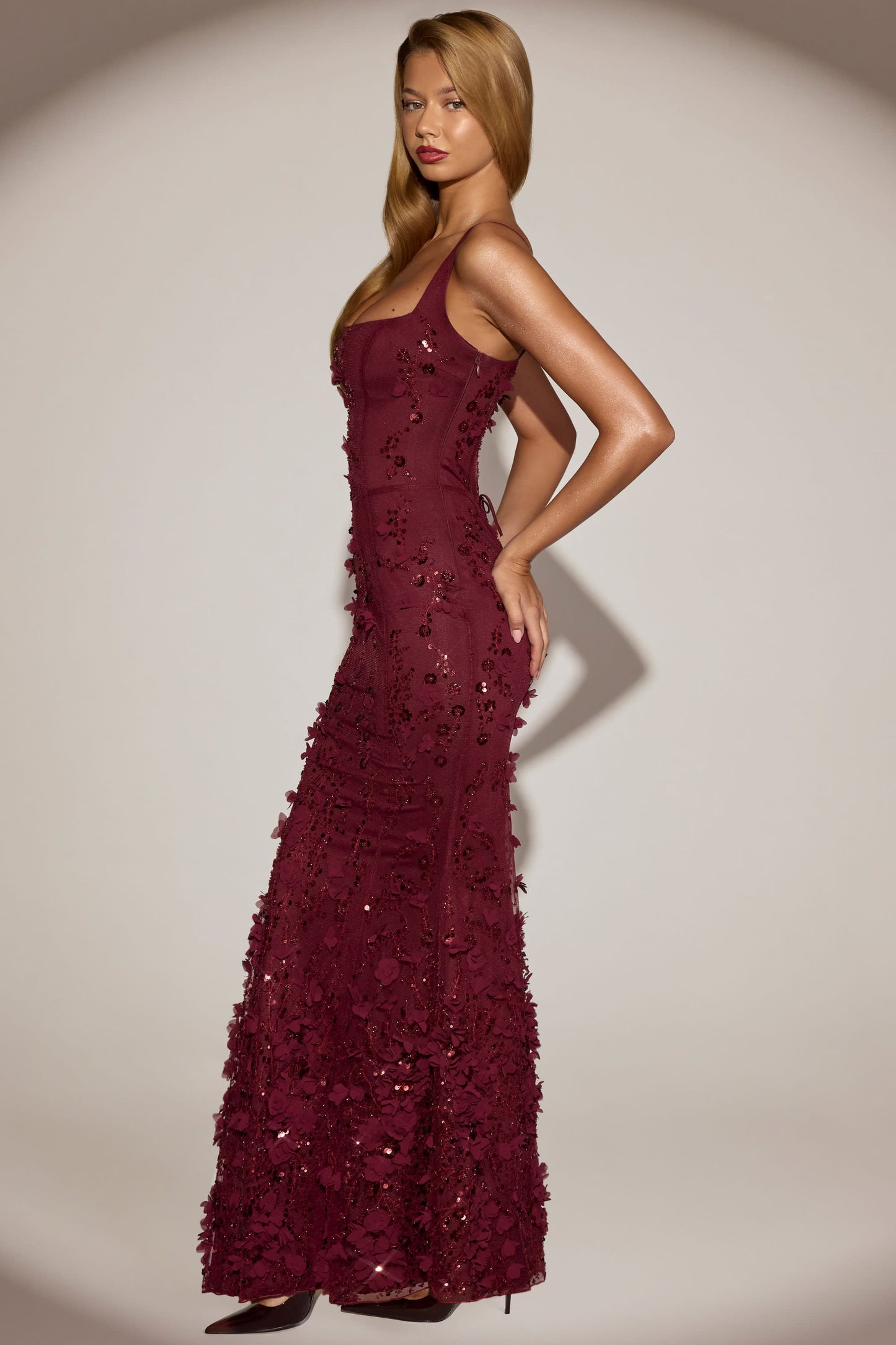 Embellished Fishtail Corset Gown in Wine Red