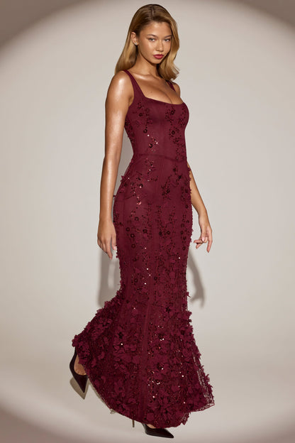 Embellished Fishtail Corset Gown in Wine Red