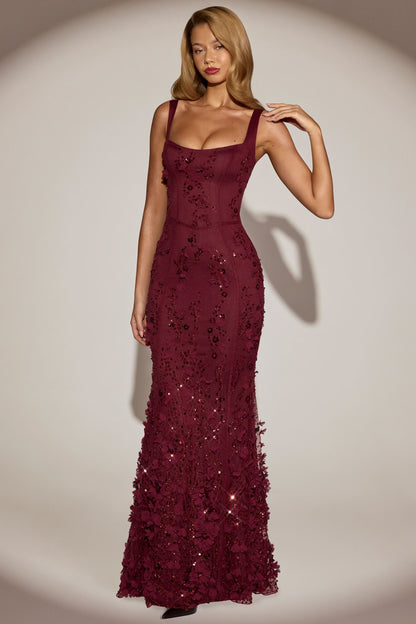 Embellished Fishtail Corset Gown in Wine Red