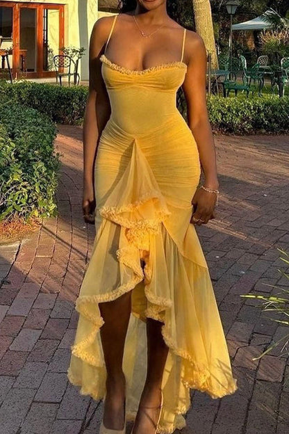Impressive Flirt Mesh Ruched High&Low Dress