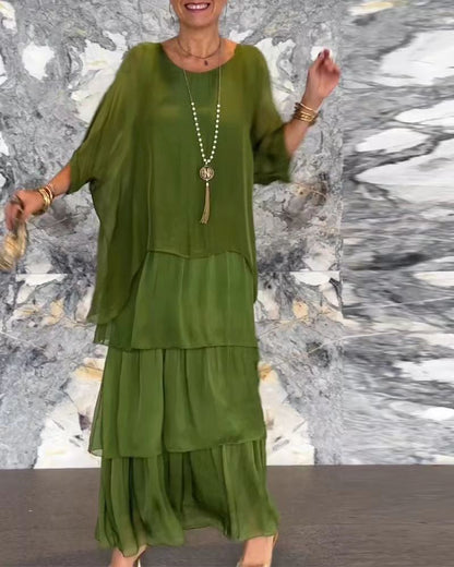 New Chiffon Mesh round-Neck Long Dress