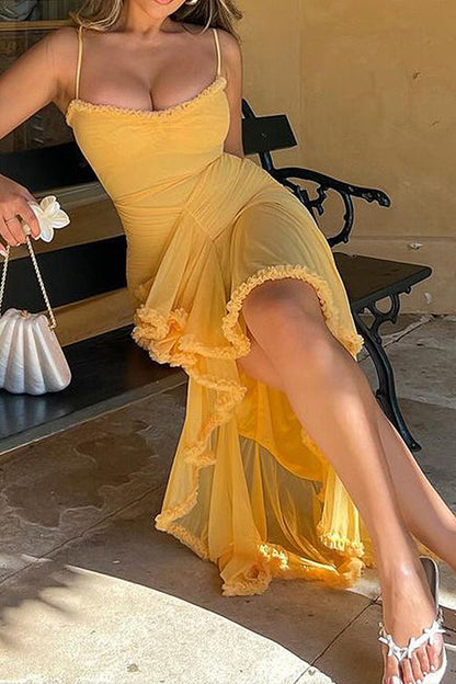 Impressive Flirt Mesh Ruched High&Low Dress