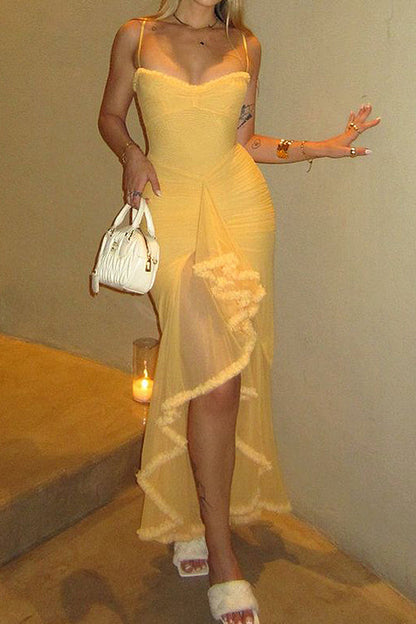 Impressive Flirt Mesh Ruched High&Low Dress