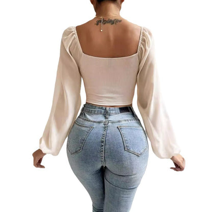 Low Cut Chiffon Patchwork Drawstring Bishop Sleeves Top