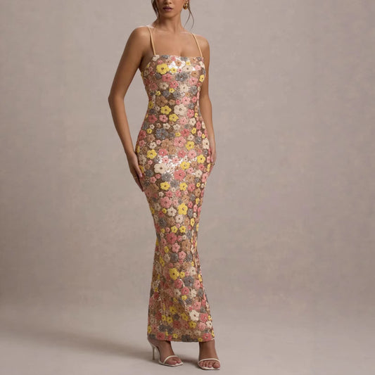 Sexy Spicy Girl Floral Print Sequin Square Neck Long Dress