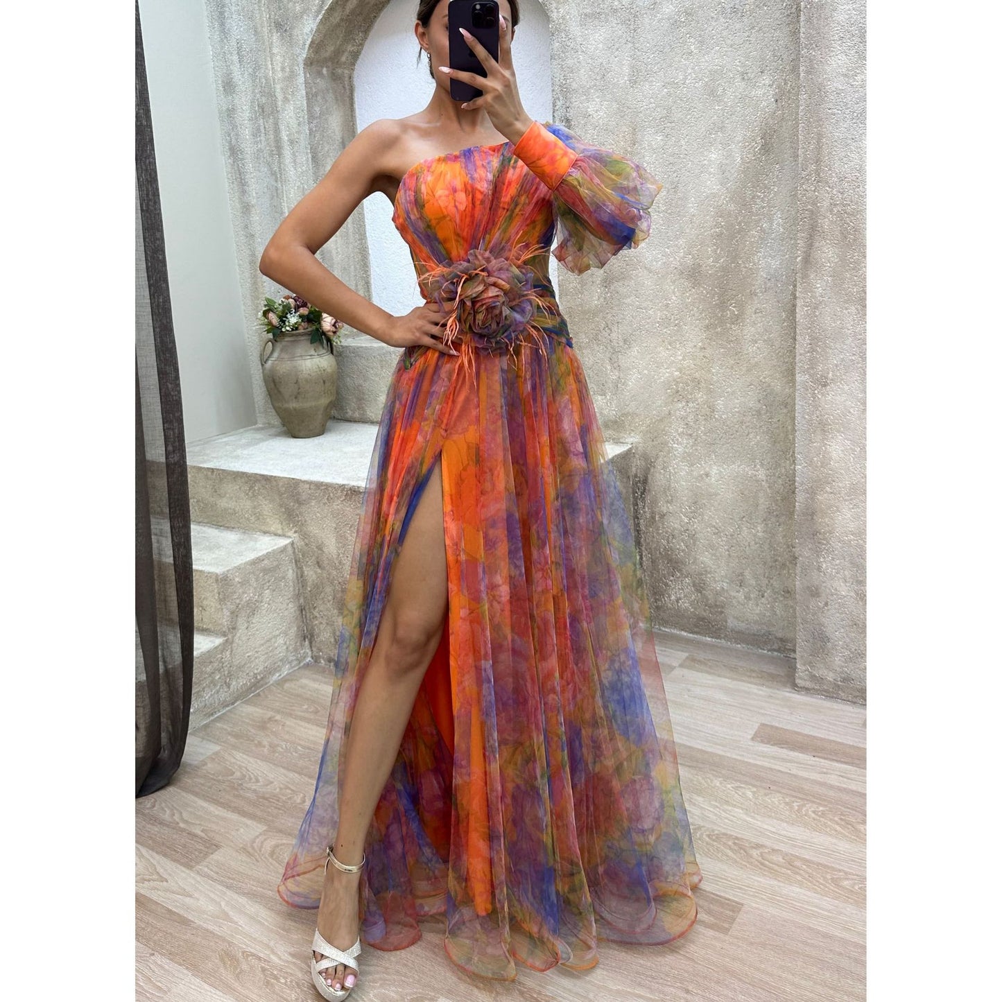 New Party Mesh Sloping Shoulder Dress