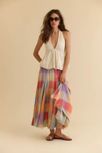 Summer Boho Colorful Plaid Midi Skirt – Flowy A-Line Pleated Elastic Waist