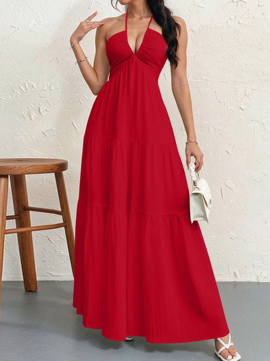 Women's Halter Neck Maxi Dress - Elegant Tie-Up Backless Sundress