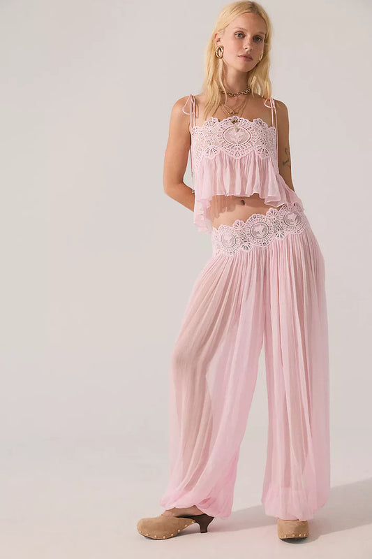 Boho Lace Cami Two-Piece Set – Crop Top & Wide-Leg Pants, Vacation Resort Wear