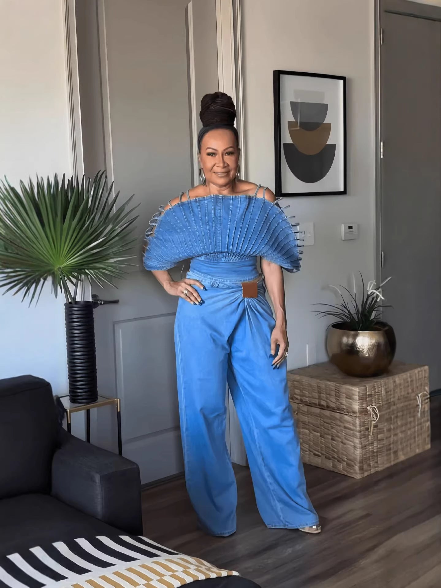 Fan Sleeve Off-Shoulder Denim Jacket & Wide-Leg Jeans Set