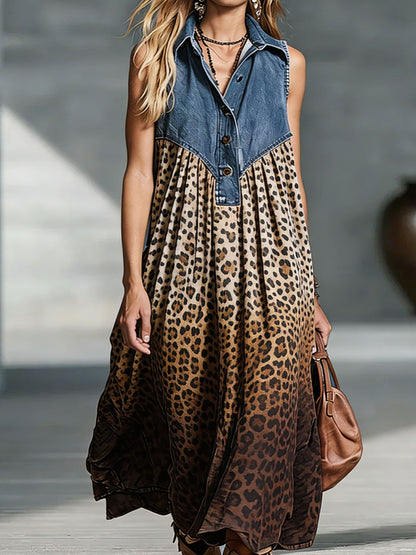 Women’s Denim Sleeveless Collar Leopard Print Patchwork Maxi Dress With Side Pockets