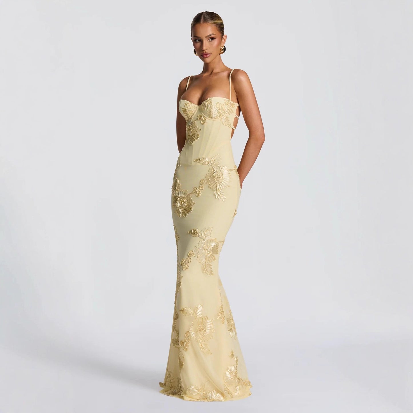Floral Appliqué Backless Mermaid Evening Gown