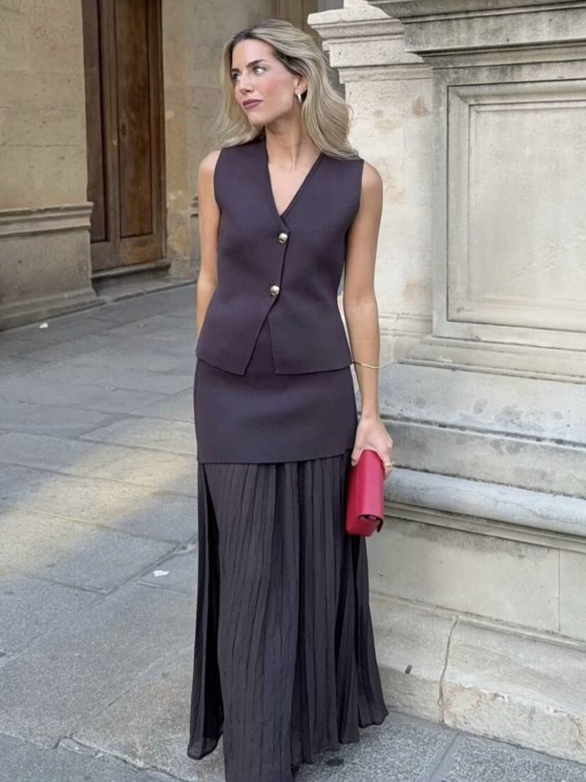 V-neck Button Knitted Vest & Pleated Skirt Set