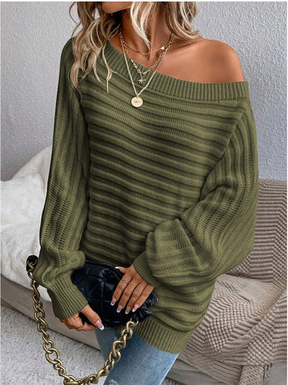 Solid Color Sunken Stripe Pullover Long Sleeve Knitted Sweater