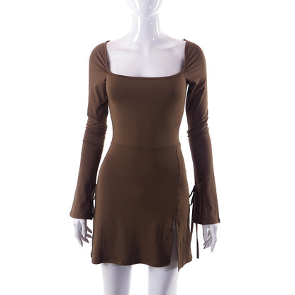 Square Collar Long Sleeve Hip Split Dress