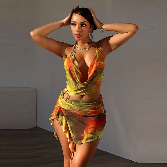 Mesh Navel Exposed Irregular Spaghetti-Strap Dress