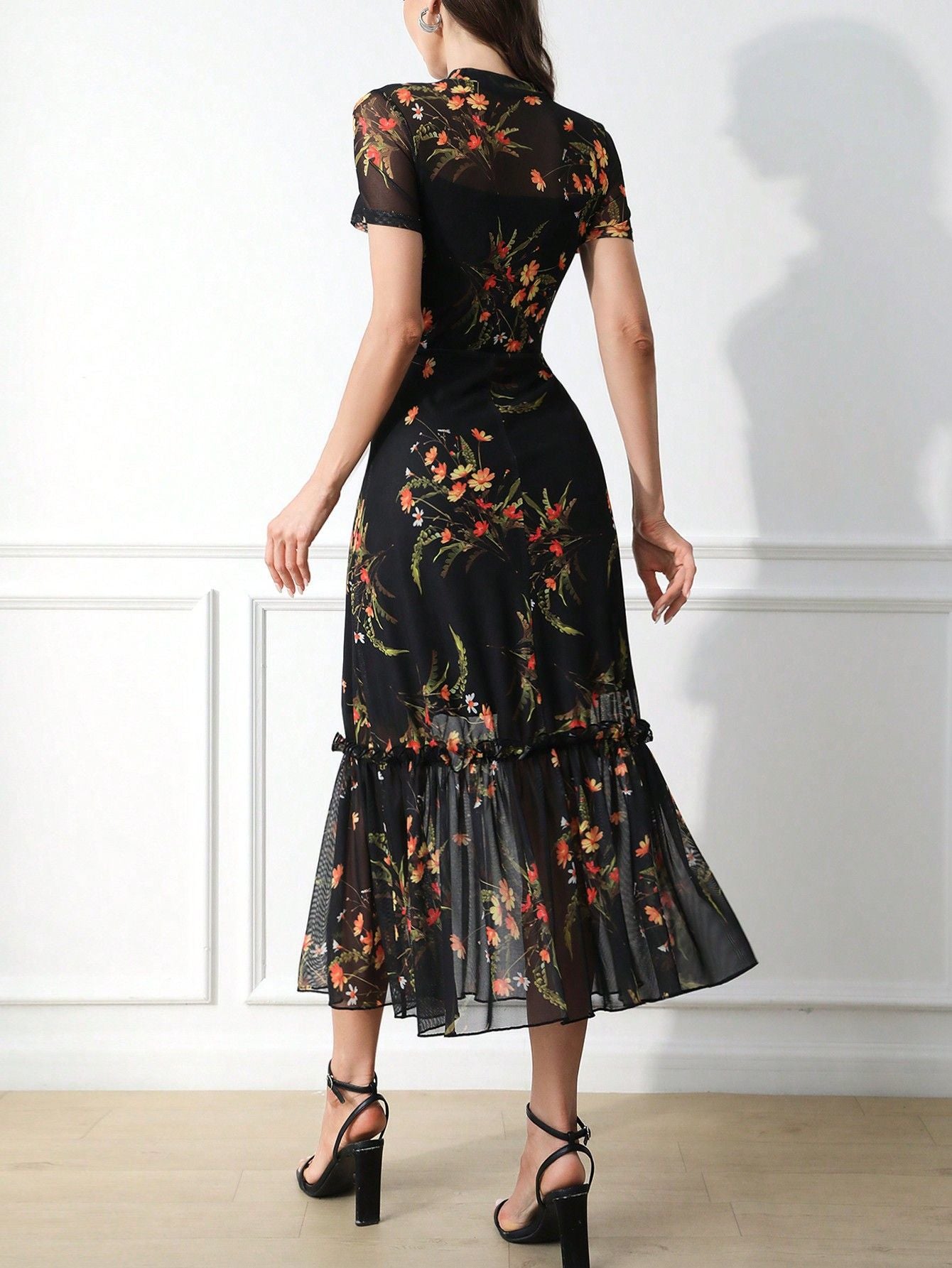 Elegant Gothic Floral Mesh Patchwork Dress