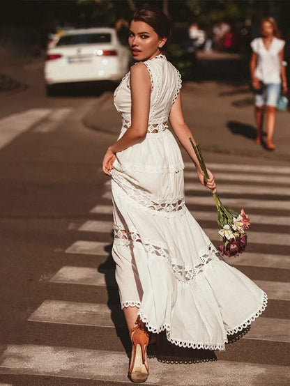 Women's V-Neck Summer Hollow Sleeveless Maxi Dress