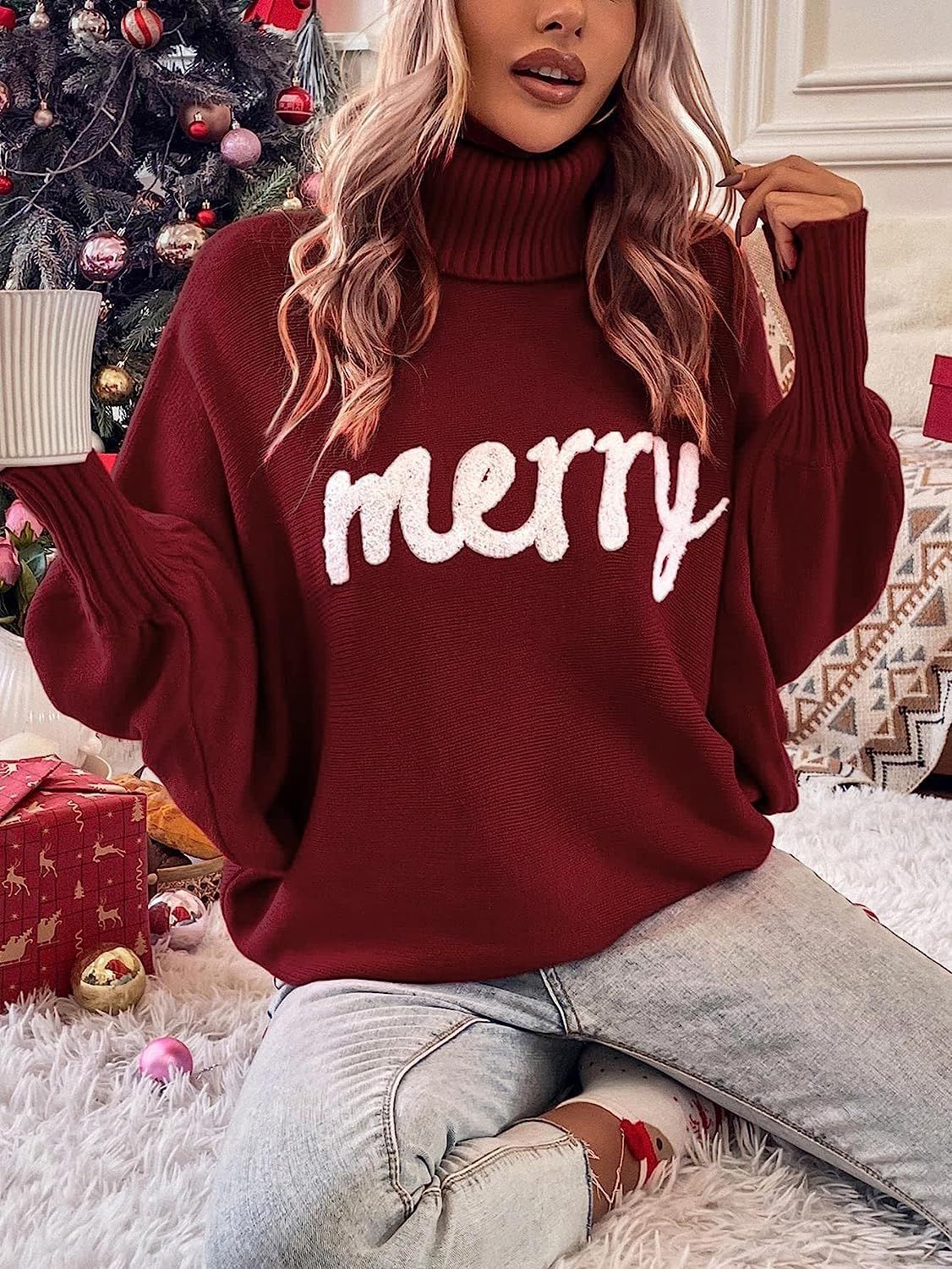 Christmas Embroidered High Collar Loose Knitted Sweater