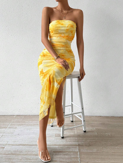 Mesh Floral Pleated Tight Strapless Tube Dress