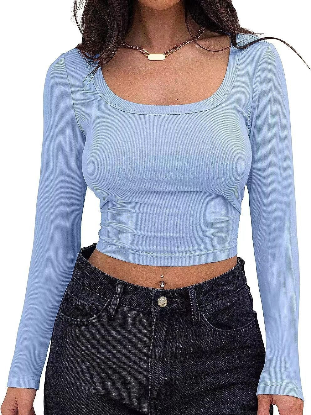 Slim-Fit Short Long Sleeve Square Neck T-shirt