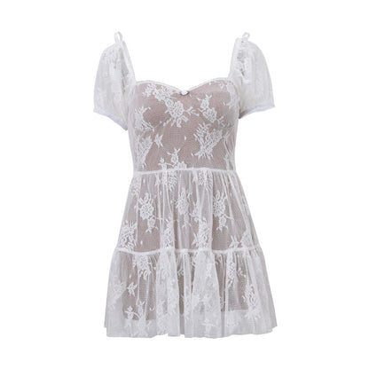 Square Collar Mesh Cinched Puff Sleeve Dress