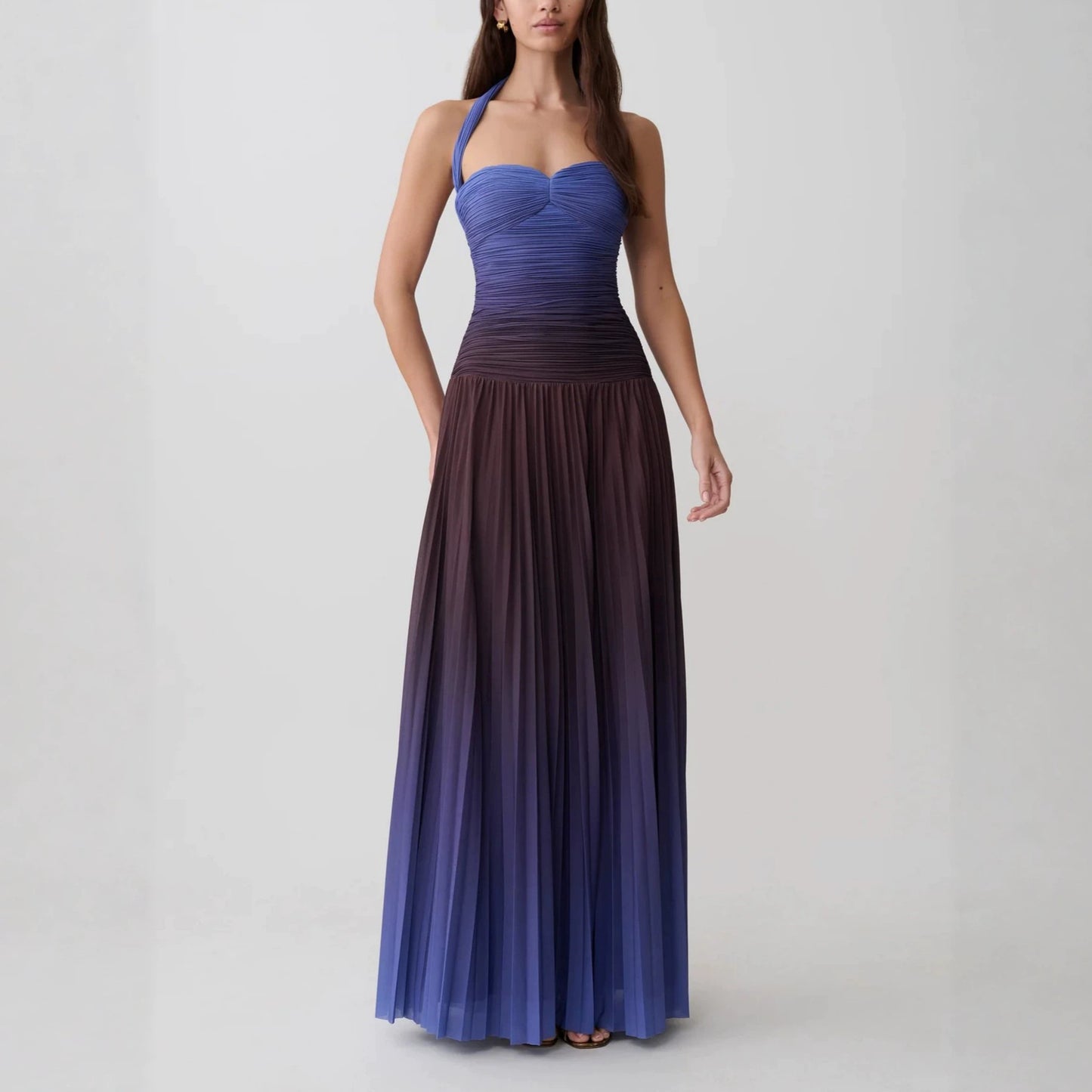 Vintage Elegant Ombre Pleated Halter Maxi Dress