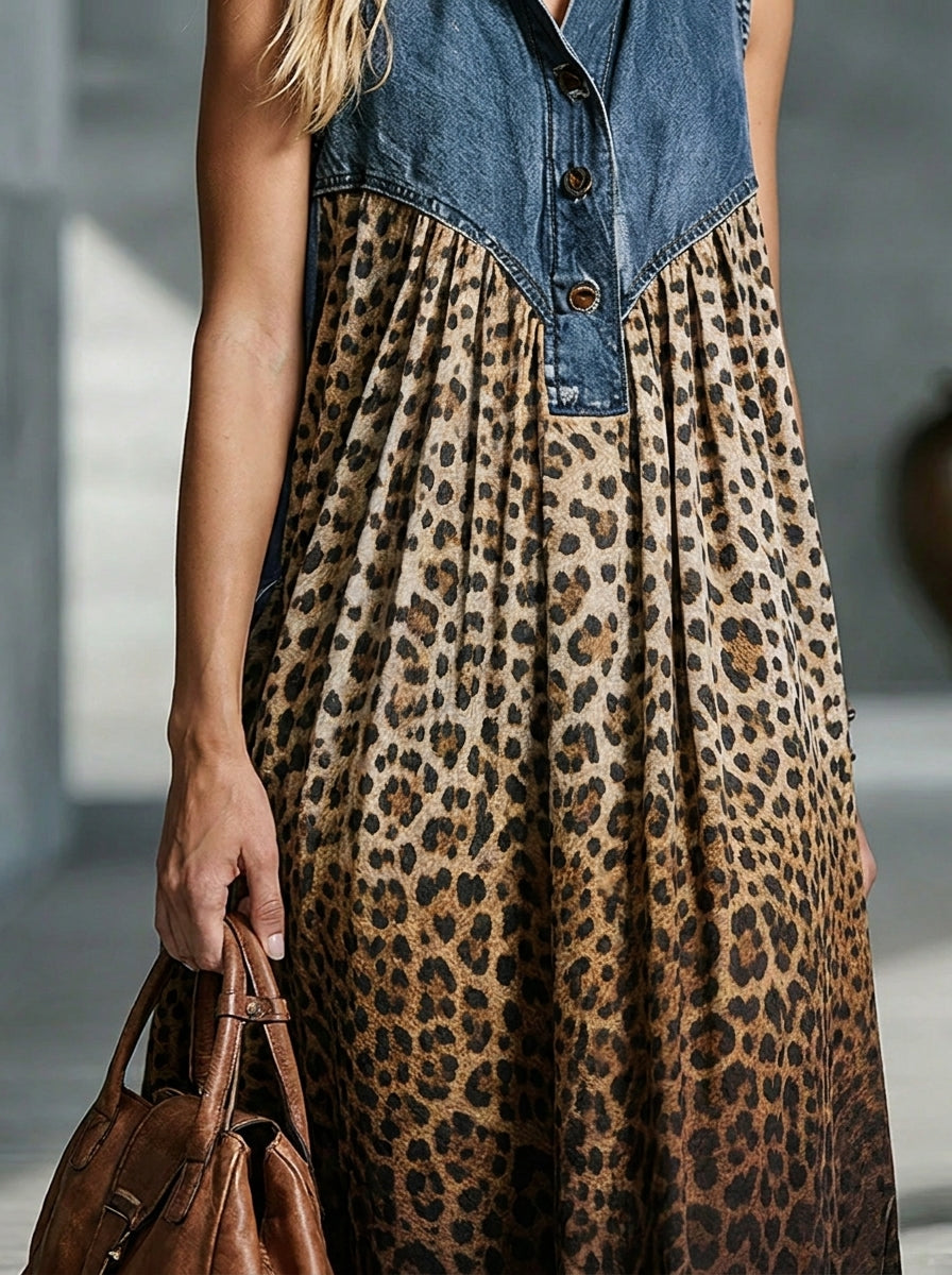 Women’s Denim Sleeveless Collar Leopard Print Patchwork Maxi Dress With Side Pockets