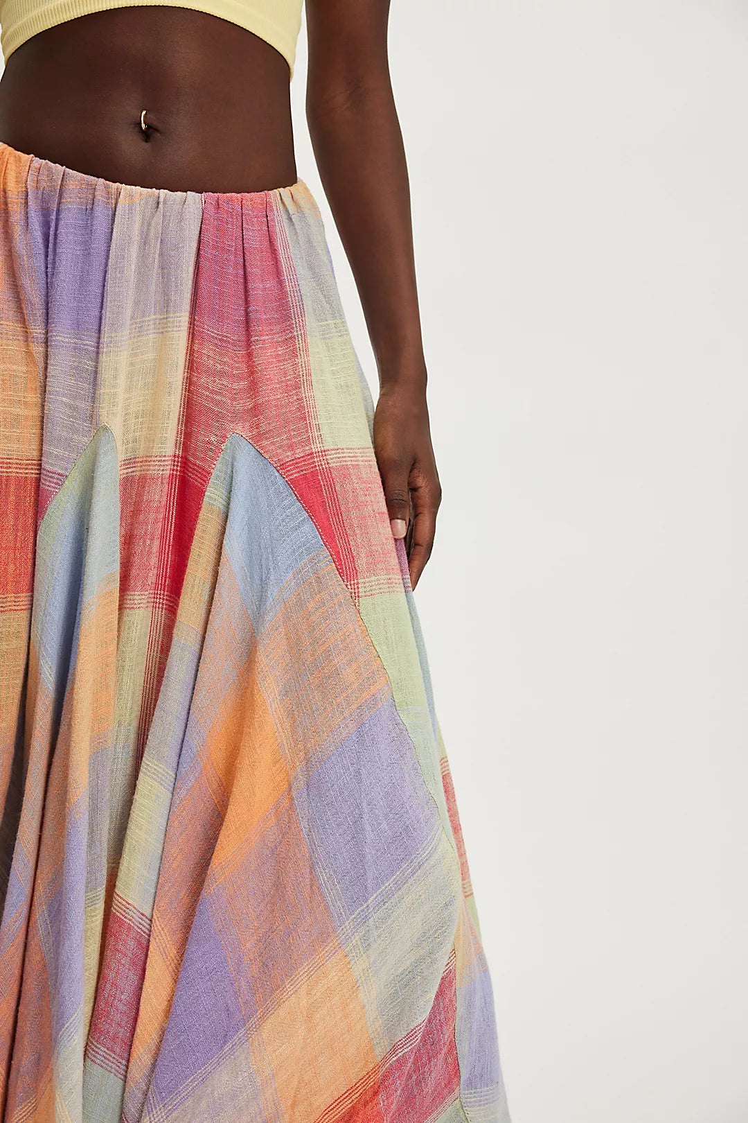Summer Boho Colorful Plaid Midi Skirt – Flowy A-Line Pleated Elastic Waist