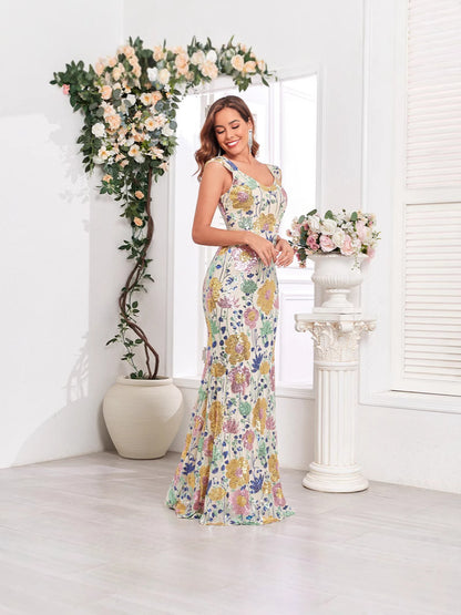 V Neck Sequin Embroidery Birthday Party Evening Dress