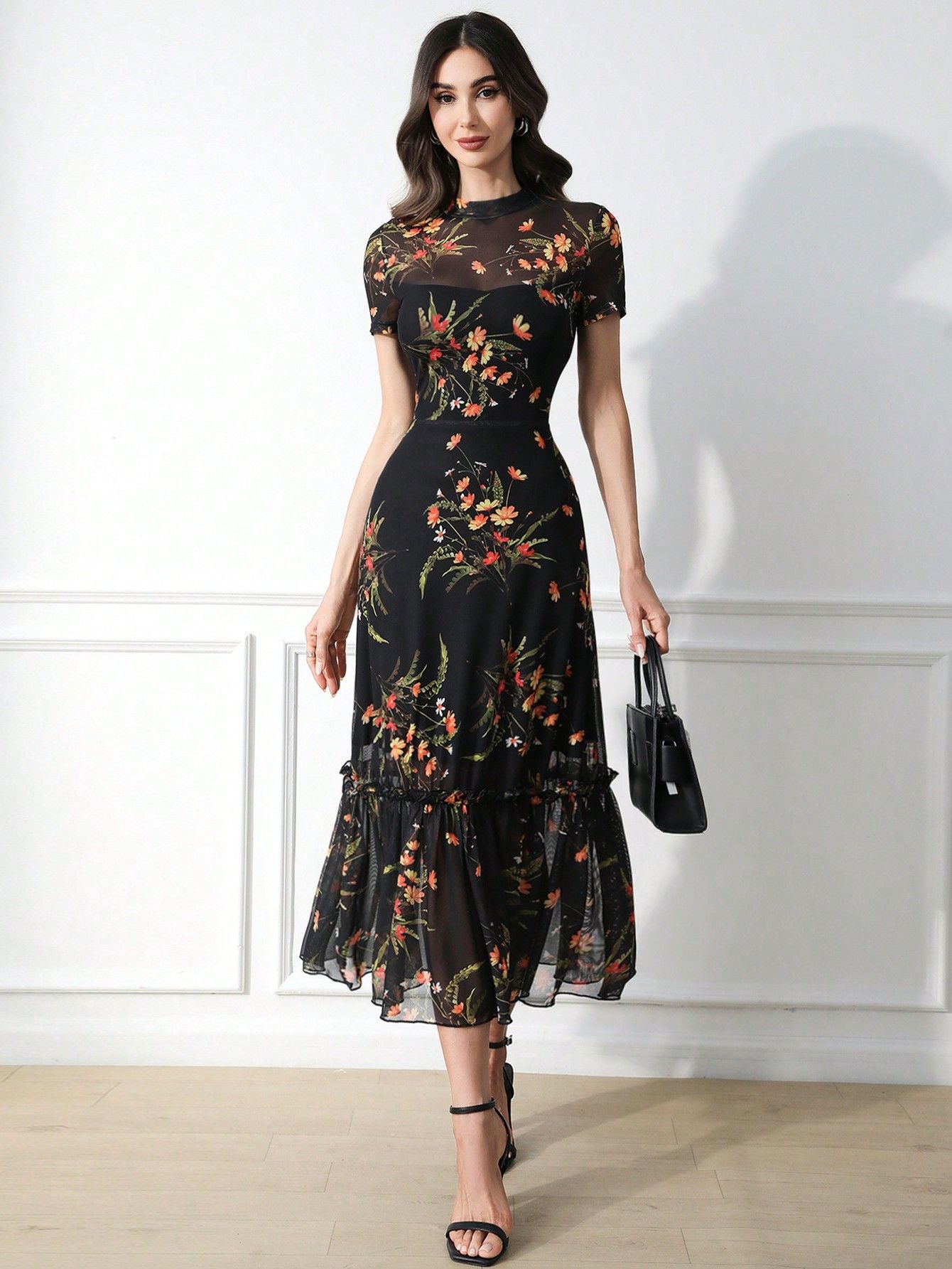 Elegant Gothic Floral Mesh Patchwork Dress
