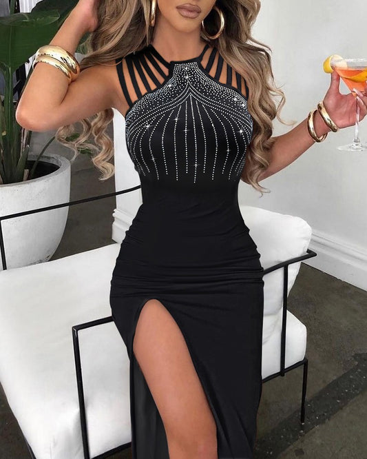 Elegant Rhinestone Split Sheath Dress